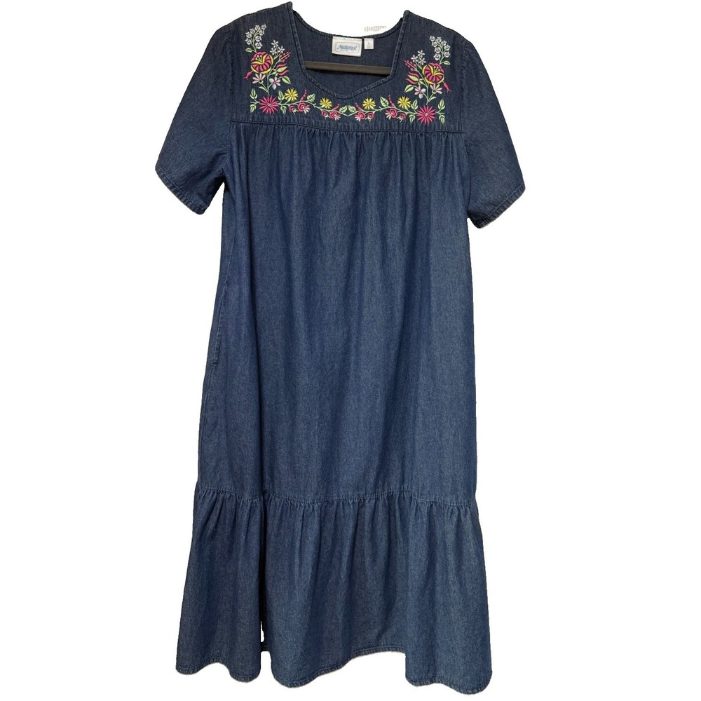 National Denim Embroidered Dress L Large Cotton Cottagecore Square Neck Pockets